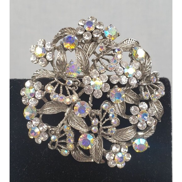 Vintage 1950's Flower Filigree AB Crystal Rhinestone Silver Tone 2" Brooch - Picture 3 of 14